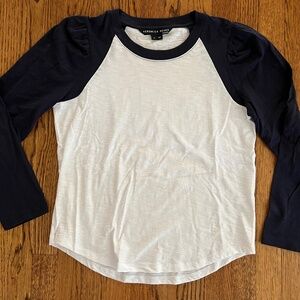 Veronica Beard Women T-Shirt Mason Crew Neck Baseball Tee White & Navy sz M